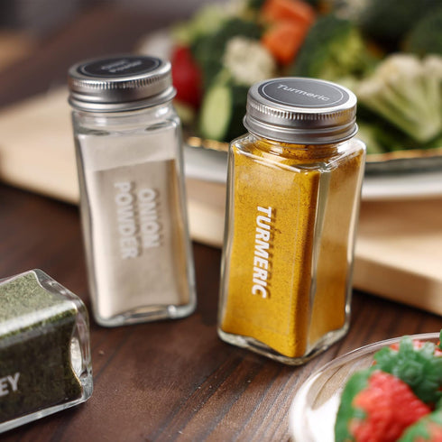 40-Pack 3.5 OZ 324 Antimbee Glass Spice Jars with Labels, Shaker Lids and Airtight Metal Caps, Empty Reusable Square