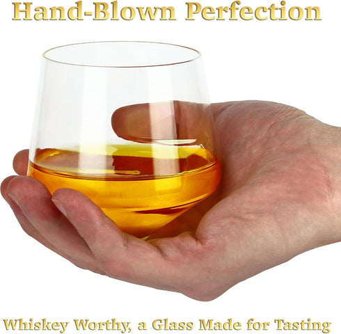 Barbuzzo Rolling Whiskey Glasses Set of 2 - Hand-Blown Stemless Glasses for Better Aeration