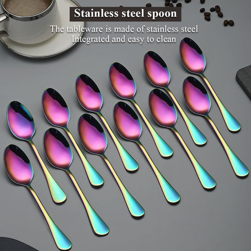 Rainbow Dinner Spoons 12 Pieces, 18.5cm Stainless Steel with Rainbow Titanium Plating, Dishwasher Safe