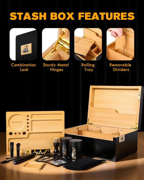 Large Bamboo Box with Combination Lock, Decorative Storage Kit with Airtight Glass Jars and Removable Tray for Home