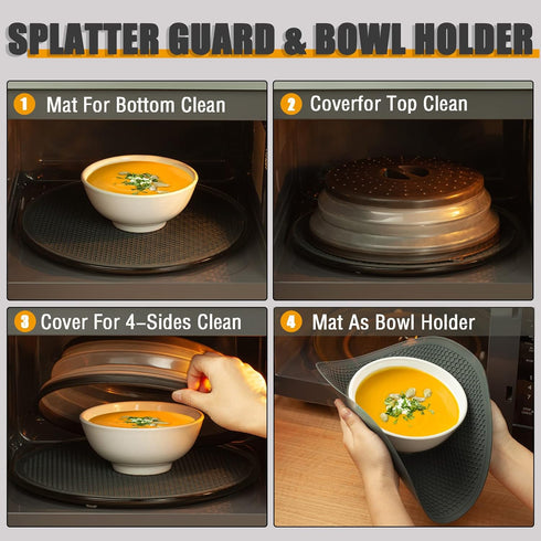 WENWELL 4 in 1 Vented Collapsible Microwave Splatter Cover & Mat, Kitchen Dish Bowl Plate Lid, BPA-Free