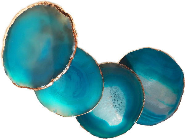 Moon&Decor Sliced Agate Coasters Set of 4, 100% Natural Geode Coasters for Drinks Home Decoration with Golden Rims
