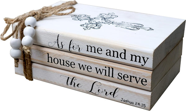 As for Me and My House We Will Serve the Lord Decor - Rustic Wood Decorative Books Stack for Home Coffee Table