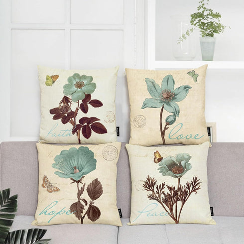 YeeJu Set of 4 Cotton Linen Floral Decorative Throw Pillow Covers 20x20 Inch for Home Decor