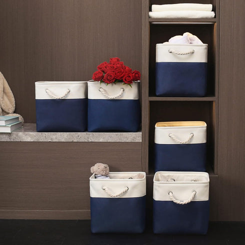 Cube Storage Baskets, 6 Pack 11x11 inch with Cotton Handles for Closet, Shelves, Clothes, Toys (White/Navy Blue)