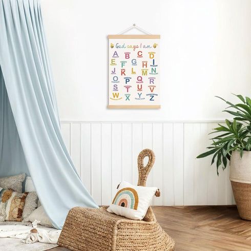 DNEULYR 12x16 Inches God Says I am Alphabet Christian Wall Art Poster for Kids, Bible Verse Affirmations Poster Hanger