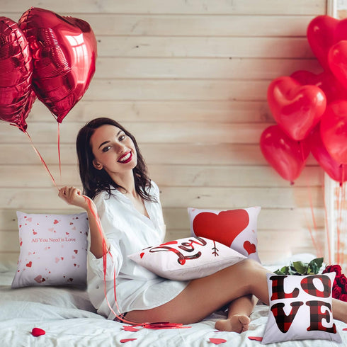 Set of 4 Valentine Throw Pillow Cases, 18x18 Inch Romantic Red Heart Cushion Covers for Sofa Decor