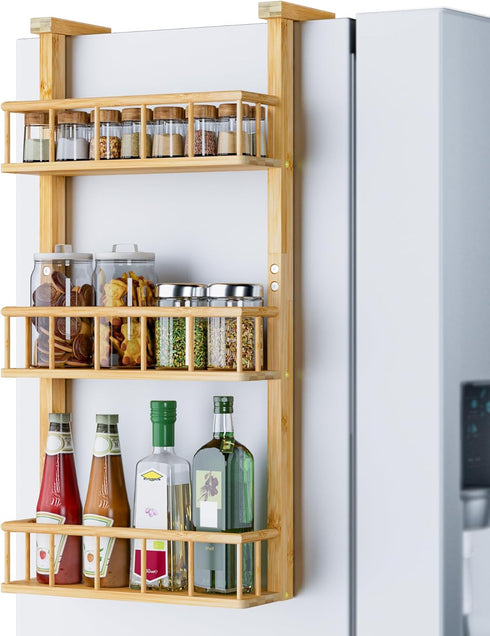 Hanging Spice Rack for Refrigerator - 3 Tier Bamboo Kitchen Counter Shelf