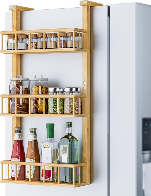 Hanging Spice Rack for Refrigerator - 3 Tier Bamboo Kitchen Counter Shelf