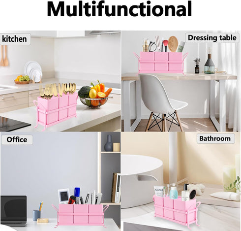 Metal Silverware Caddy - 3 Compartment Utensil Holder with Metal Rack, Flatware Cutlery Organizer for Countertop, Pink
