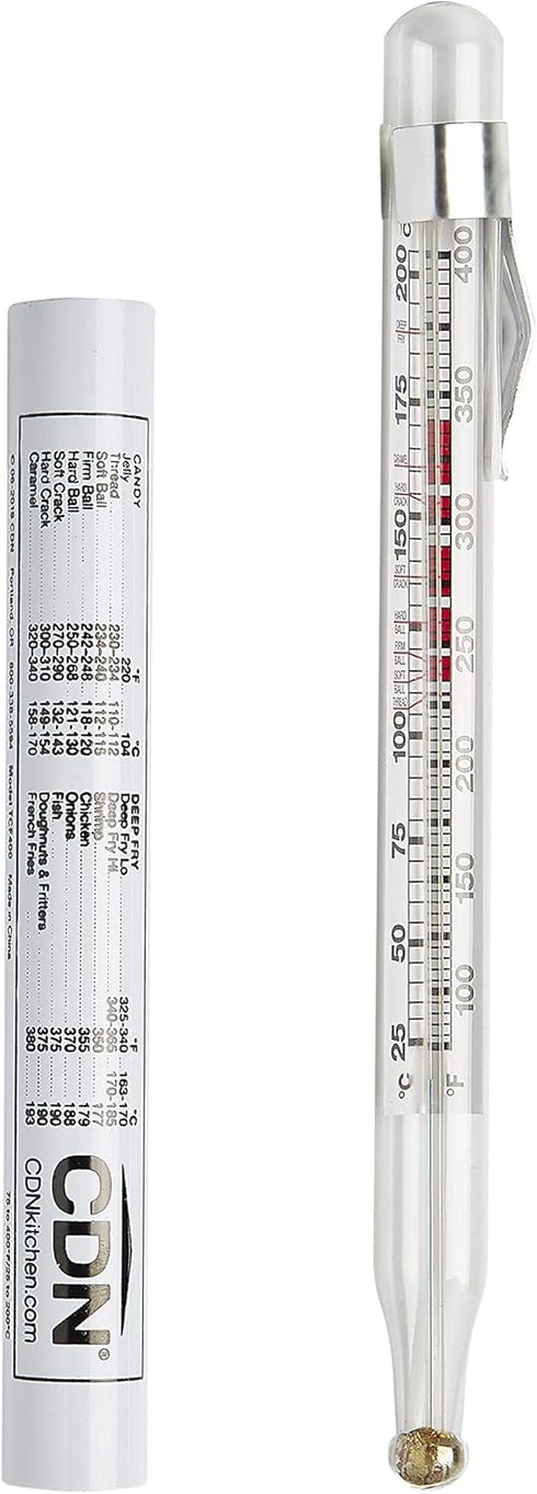 CDN Candy & Deep Fry Thermometer, 8" Durable Lab Glass, Non-Mercuric, Dual-Scale, 75–400°F Range