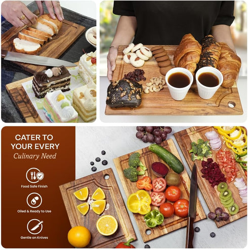 Set 3 Acacia Wood Cutting Board, Solid Wood Cutting Board of with holding stand and Deep Juice Grooves & Built