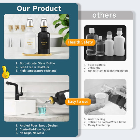 BTIFU 2PCS Countertop 14oz/410ml Glass Mouthwash Dispenser for Bathroom Refillable Mouthwash Bottle with Glass Cup