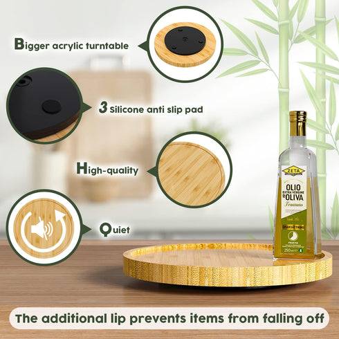 Lazy Susan Organizer, 10 Inch Non-Skid Bamboo Turntable for Spices and Kitchen Countertop Storage