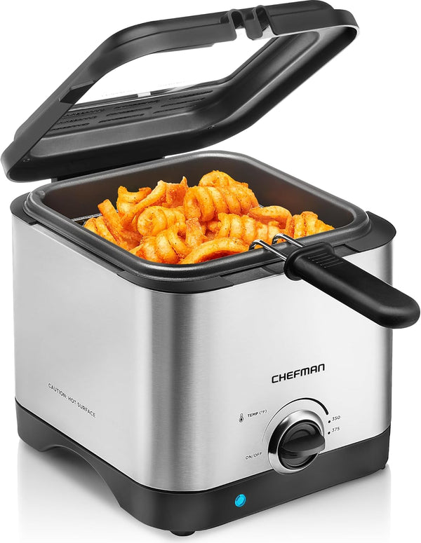Chefman Fry Guy, Compact Deep Fryer with 1.6-Quart Capacity, Easy-View Window, Adjustable Temp Control, Stainless