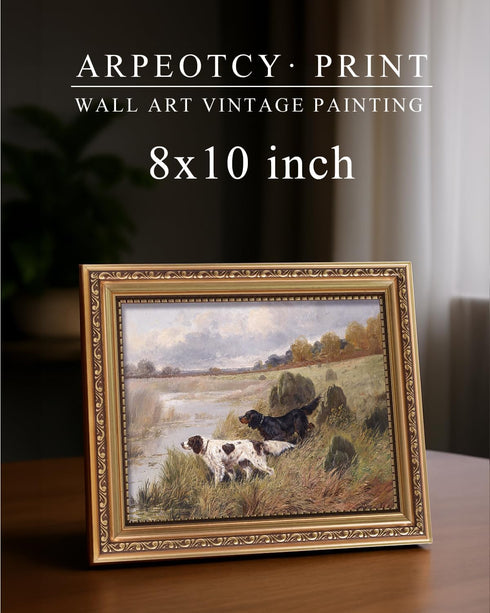 8x10 inch ARPEOTCY Vintage Gold Framed Wall Art, Retro River Dog Landscape Paintings, Small Canvas Prints Artwork