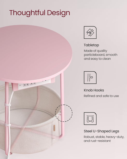 ULET228R01 VASAGLE LILEA Collection - Side Table with Charging Station, Round End Table with Fabric Basket, Nightstand
