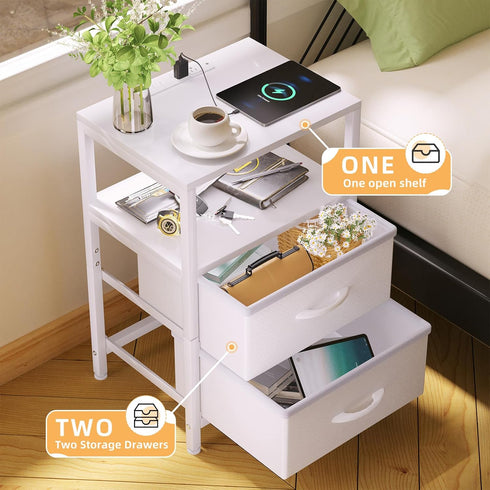Simple Trending Side End Table with Charging Station, Tall Nightstand Bedside Table with Fabric Drawers for Living