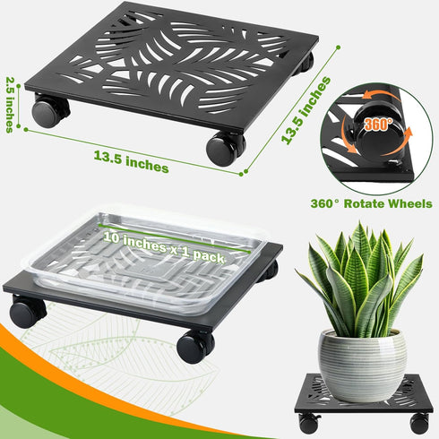 1 Pack 13.5" Metal Square Plant Caddy with Wheels Large Iron Rolling Plant Stand with Casters Heavy-Duty Plant Dolly