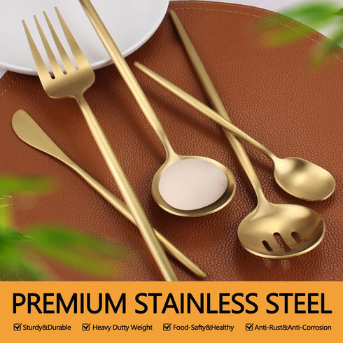 Large Serving Utensils Set, 5 Pcs Stainless Steel Gold Utensils with 10.8 Inch Fork, 10.3 Inch Spoon, Slotted Spoon,