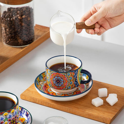 8 Oz Set 4,Bohemian Cafe-03 vancasso Stackable Espresso Cups with Saucers and Metal Stand of Ceramic Cappuccino Cups