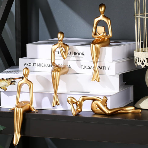 Set 4-Decorate CYYKDA Bookshelf Decor Gold Thinker Statue Figurines of Your Home, Office, or Shelf with Abstract Art