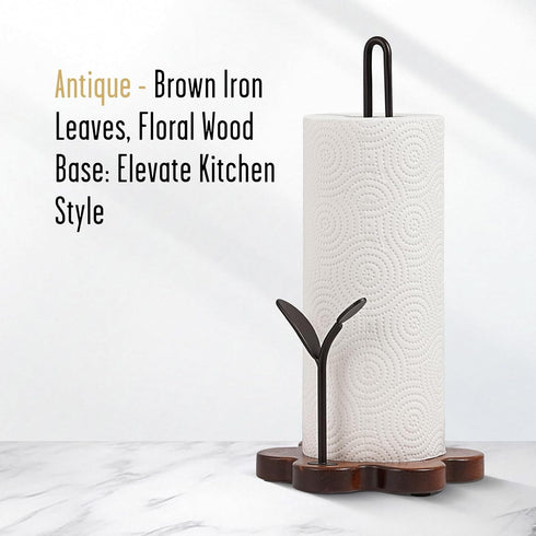 Countertop, Wooden Paper Towel Holder Floral Base with Dual Iron Rods in Antique Brown Finish, Leaf-Shaped Accent