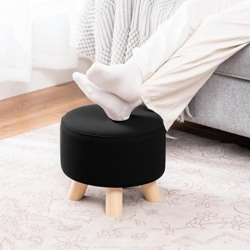 Asense Small Round Ottoman Foot Rest Stool Fabric Padded Seat Footstool Ottoman with Anti-Slip Wooden Legs