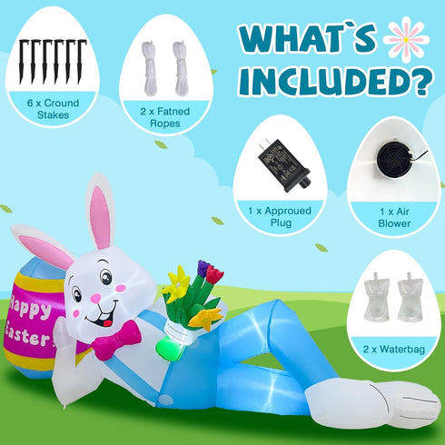 8FT OurWarm Easter Inflatables Outdoor Decorations, Lying Inflatable Easter Bunny Decor with Egg, Easter Blow Up Yard