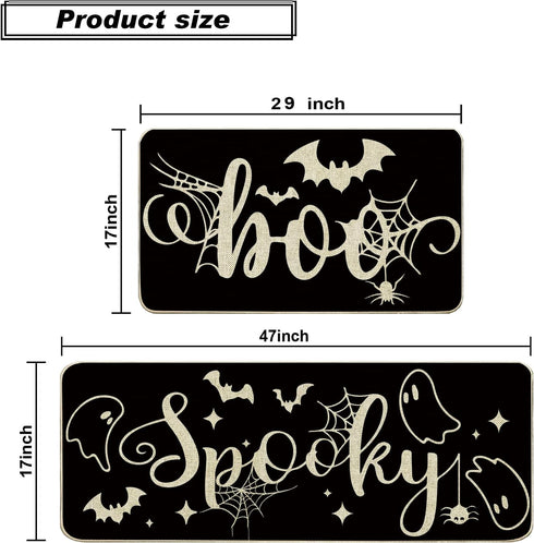 Baccessor Halloween Black Kitchen Rugs Set of 2, Spooky Ghost Low-Profile Non Slip Absorbent Kitchen Floor Mats 17x29