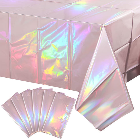 Pascliyna 6 Pack Iridescent Light Pink Tablecloth for Parties, Pastel Pink Holographic Plastic