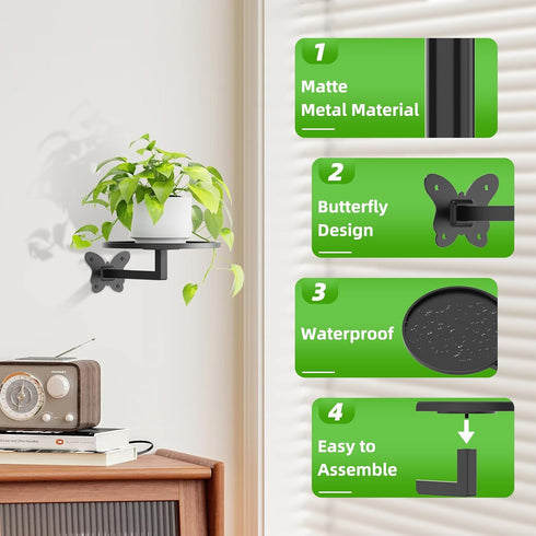 2-Pack 5.9 Inch Butterfly Buckle Wall Mounted Plant Shelf - Space Saving Hanging Flower Pot Holder for Indoor Balcony