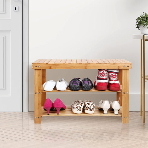 PUPL 3 11.2inchD 27.5inchW 17.9inchH Tier Bamboo Shoe Bench, Entryway Bench Shoe Rack Organizer for Bedroom Living Room