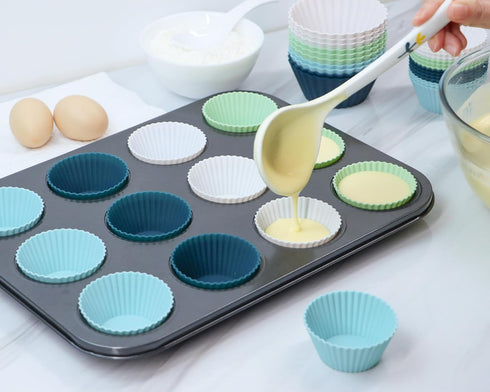 Silicone Baking Muffin Cups 12 Pack, Reusable Cupcake Liners, BPA Free, Dishwasher Safe (White, Green, Navy, Dusty Blue)