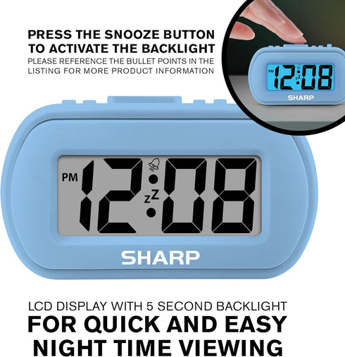 Sharp Digital Alarm Clock, Tactile Case with Soft Rubberized Finish, Battery Operated, Blue Backlight on Demand,