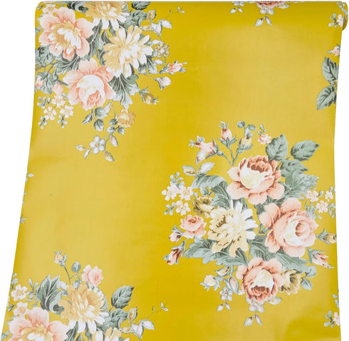 Yifely Vintage Peony Floral Shelving Paper Dark Yellow Peel & Stick Shelf Liner, 17.7 Inch by 9.8 Feet