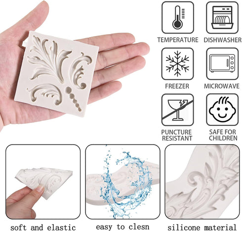 Feather Silicone Molds Baroque Fondant, 3 Pack Lace Scroll Chocolate Molds for Cake Decoration, DIY Baking