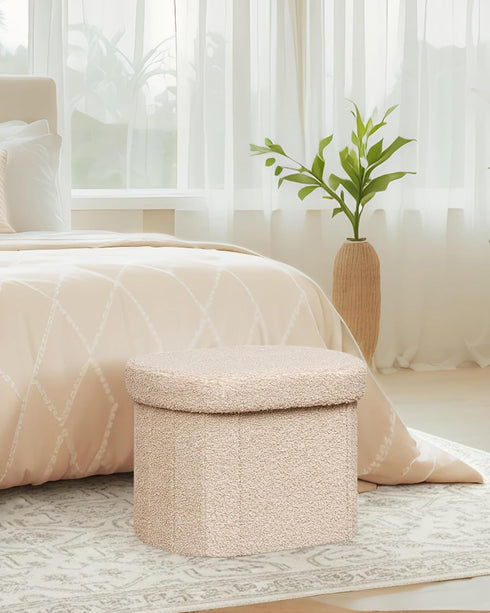 16.14 Inches B FSOBEIIALEO Storage Ottoman for Dorm Room, Boucle Folding Storage Ottoman Foot Rest, Small Collapsible