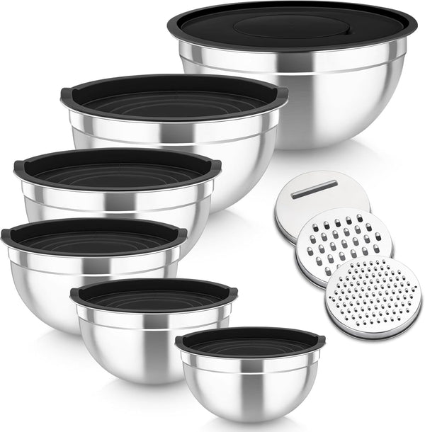 TeamFar Set of 6 Mixing Bowls, Stainless Steel Nesting Salad Bowls with 3 Grater Attachments for Cooking Prepping