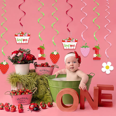 Strawberry 1st Birthday Party Hanging Swirls Decor, Streamers for Berry Sweet Themed First Birthday Supplies
