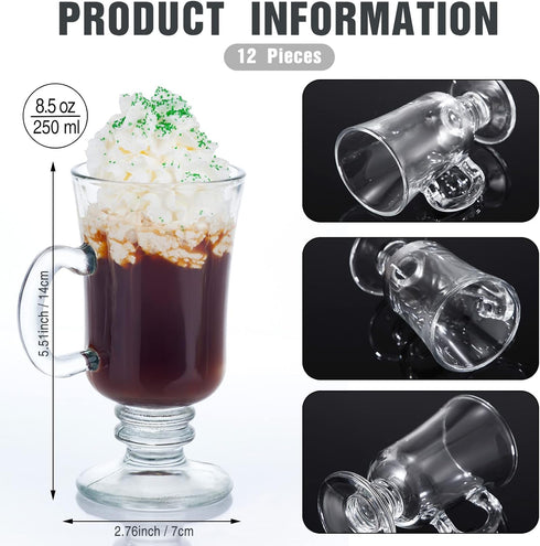 12 8.5 oz Sieral Pieces Irish Coffee Mugs Bulk Irish Coffee Glass with Handle Clear Glass Mugs for Wedding Prom