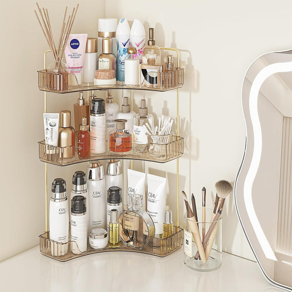Webetop Countertop Bathroom Organizer, 3 Tier Corner Shelf for Makeup, Skincare, Cosmetic, Toiletries, Amber