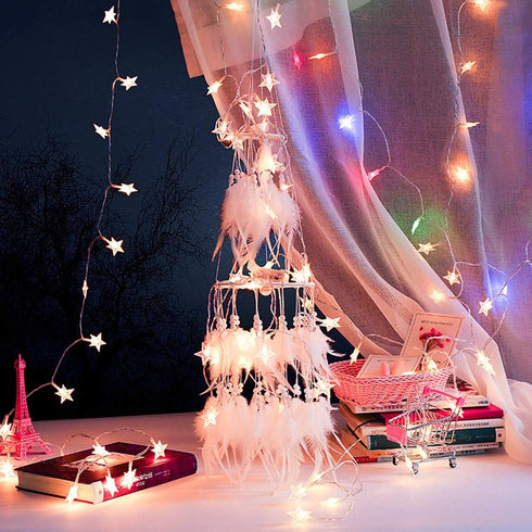 Dremisland Double Circle White Feather Dream Catcher with Mobile LED Fairy Lights Wall Hanging Ornaments Ceiling Decor