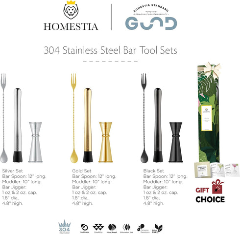 Homestia 10" Stainless Steel Muddler for Cocktails Drink Muddler, 12" Cocktail Spoon, 1 oz 2 oz Double Jigger, Basic 3 PCS Gold Cocktail Set Mixing Tools, Mini Home Bar Tool Set for Beverages Drinks by Homestia