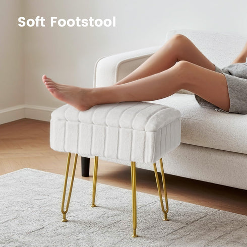 FUXA 4 Vanity Stool Chair with Storage, White Faux Fur Makeup Chair with Metal Legs and Anti-Slip Feet, Soft Padded