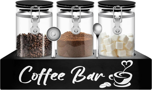 MACIFECI Glass Coffee Containers with Shelf Coffee Station Organizer 54oz Black Glass
