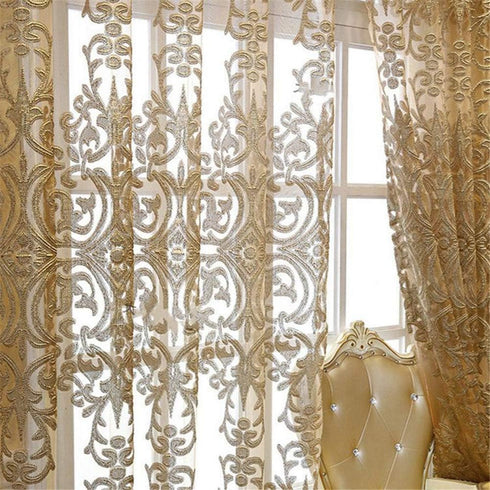 1 Panel Luxury European Sheer Curtain, Grommet Top Floral Embroidery for Living Room, Semi-Shading Voile