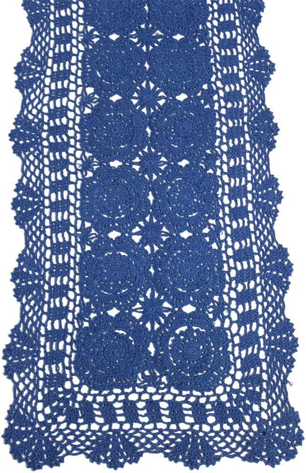 KEPSWET Cotton Handmade Crochet Lace Table Runner, Blue Rectangle Coffee Table Dresser Decor (14x36 inch)