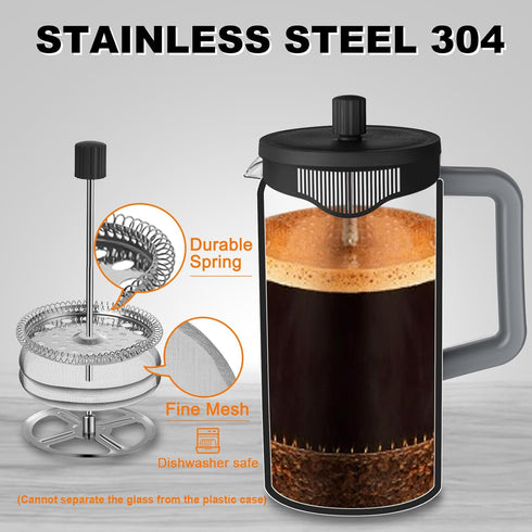 YOLIFE 34oz French Press Coffee Maker, 4 Cup, Heat-Resistant Borosilicate Glass, Portable Cold Brew (Grey/Black)