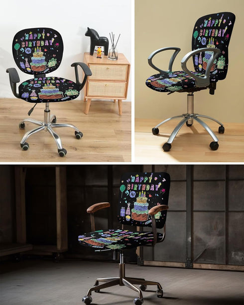 Happy Birthday Office Chair Cover, Stretch Rotating Computer Chair Seat Back Covers, Birthday Gifts for Desk Chairs